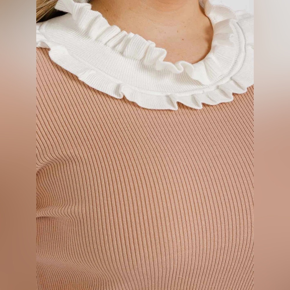054 PLUS Identity Long Sleeve Ruffle Collar Detail Ribbed Top - Picture 2 of 10